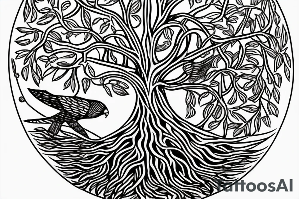 The nordic tree of life with a falcon. tattoo idea