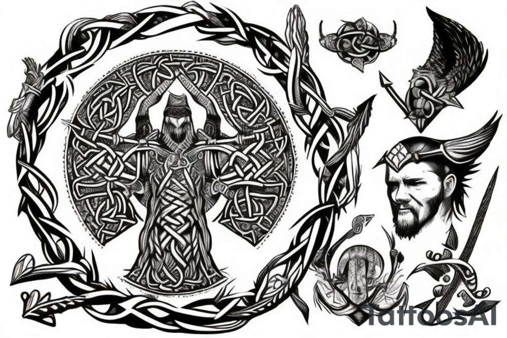 viking warrior with tree of life and falcon tattoo idea