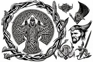 viking warrior with tree of life and falcon tattoo idea