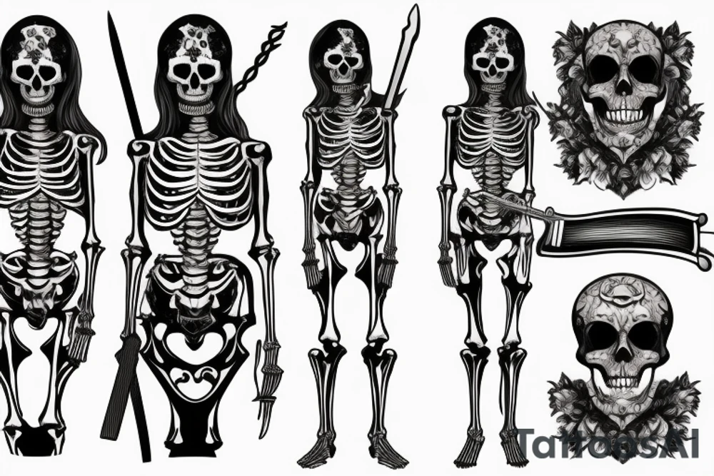 a full-length skeleton with a sword tattoo idea