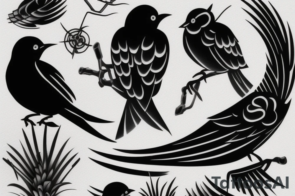 Dark linear mockingbird tattoo idea