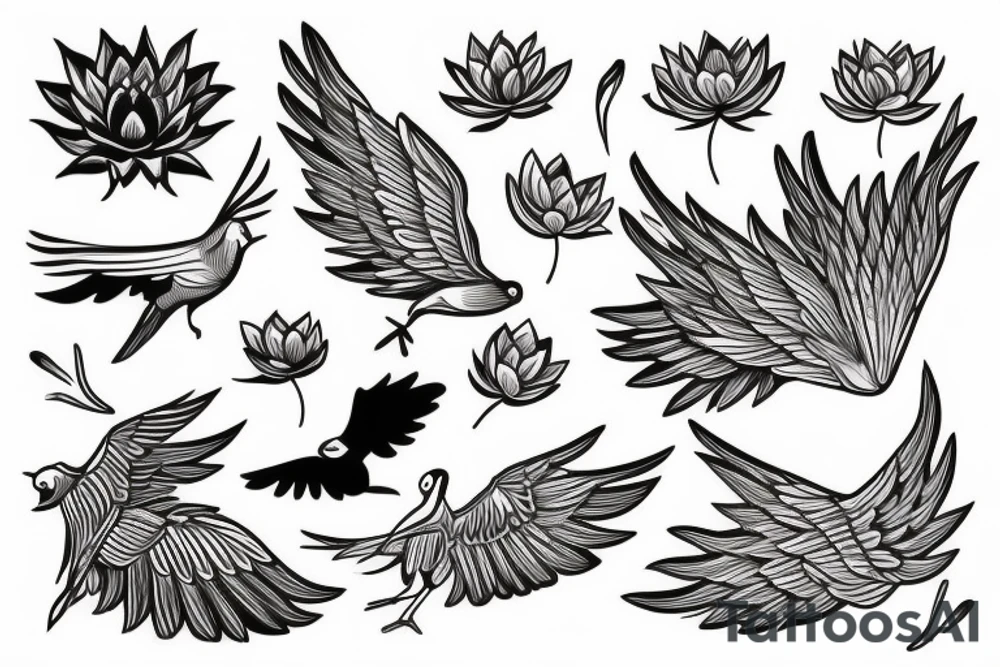 Open winged bird with lotus behind tattoo idea