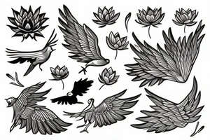 Open winged bird with lotus behind tattoo idea