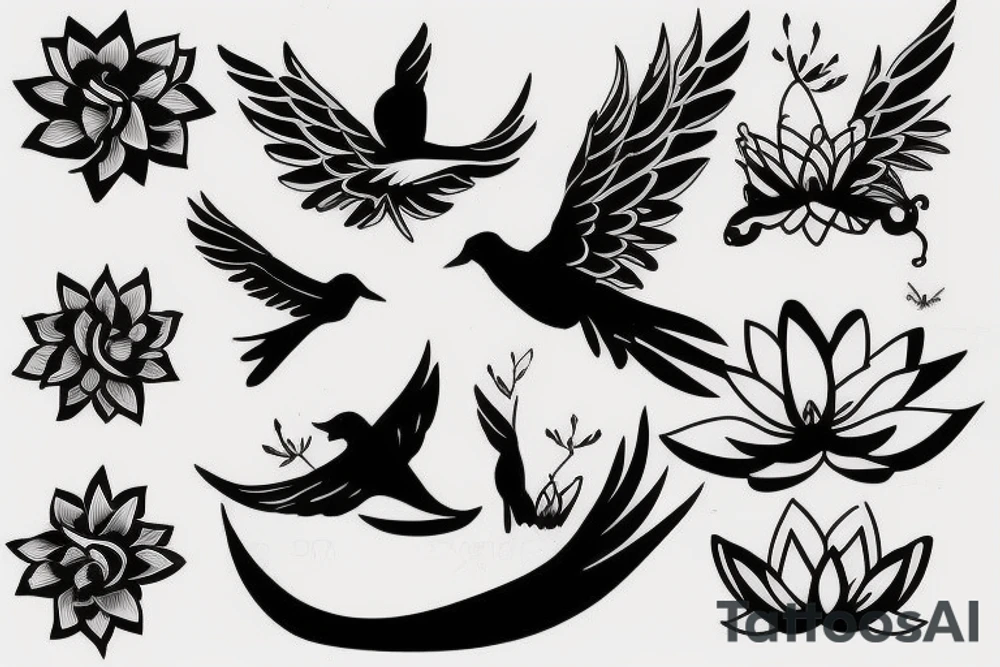 Open winged bird with lotus behind tattoo idea