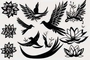 Open winged bird with lotus behind tattoo idea