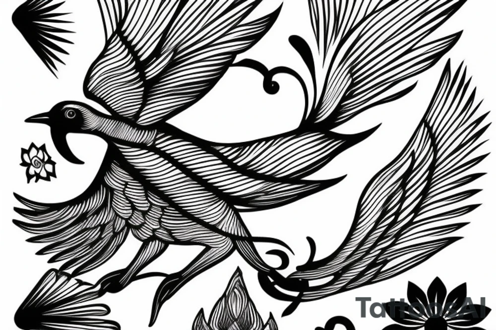 Open winged bird with lotus behind tattoo idea