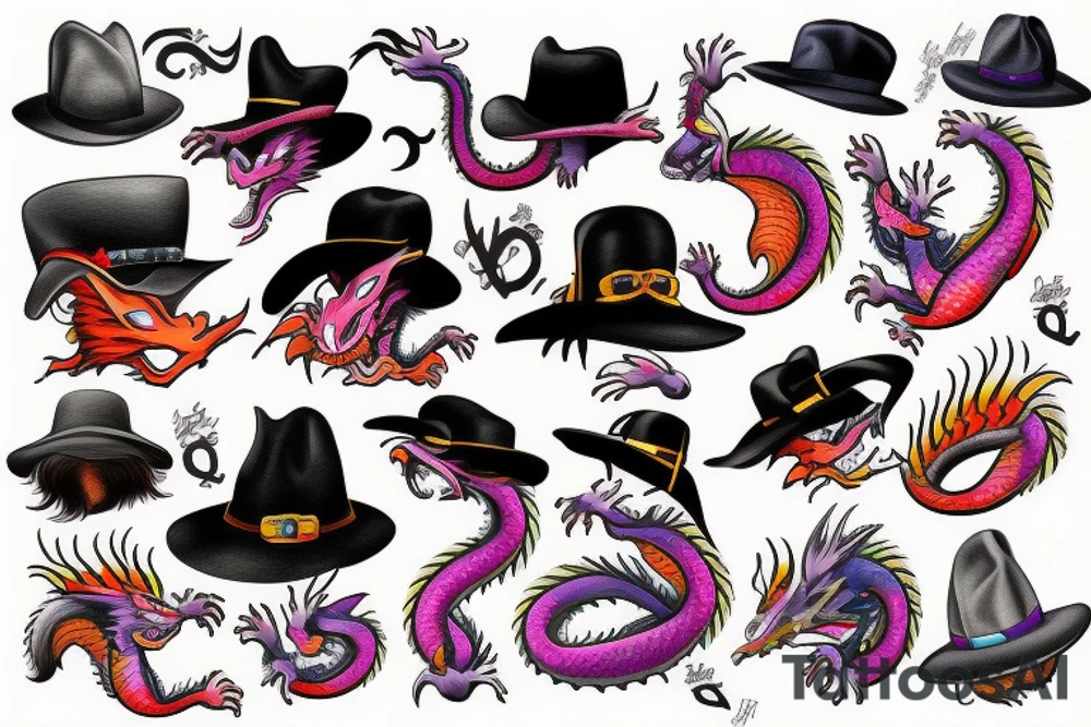 Color dragon in hat tattoo idea
