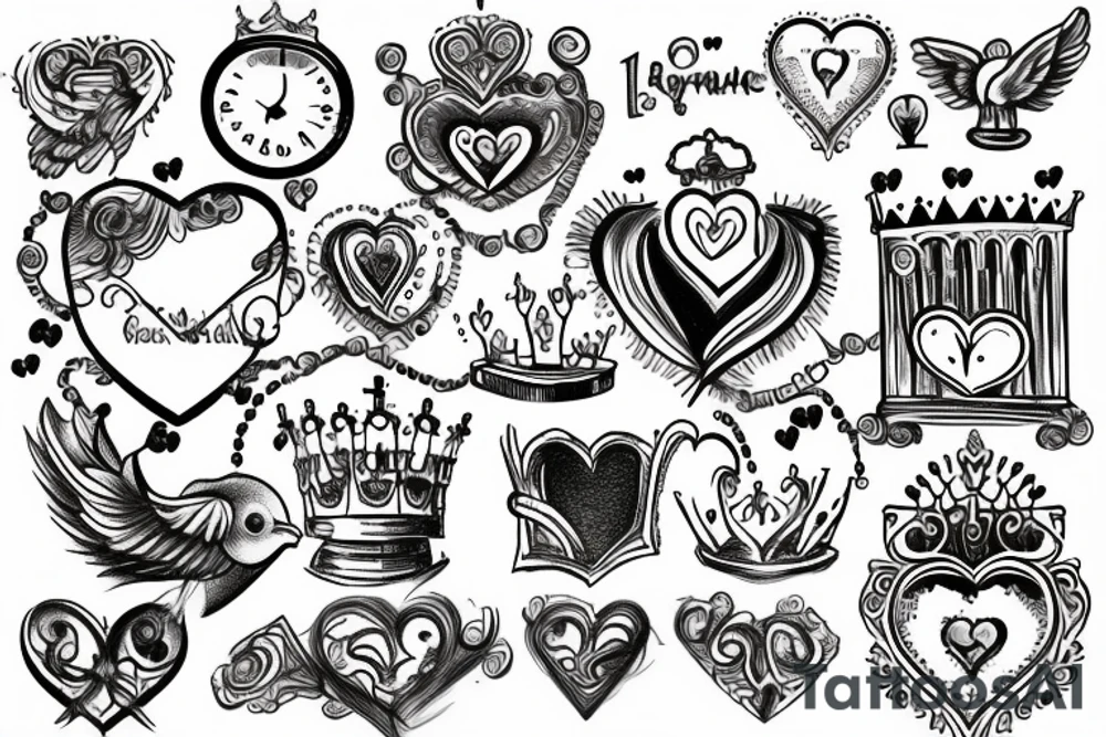 religious, cloud, heart, doves, clock, crown tattoo idea