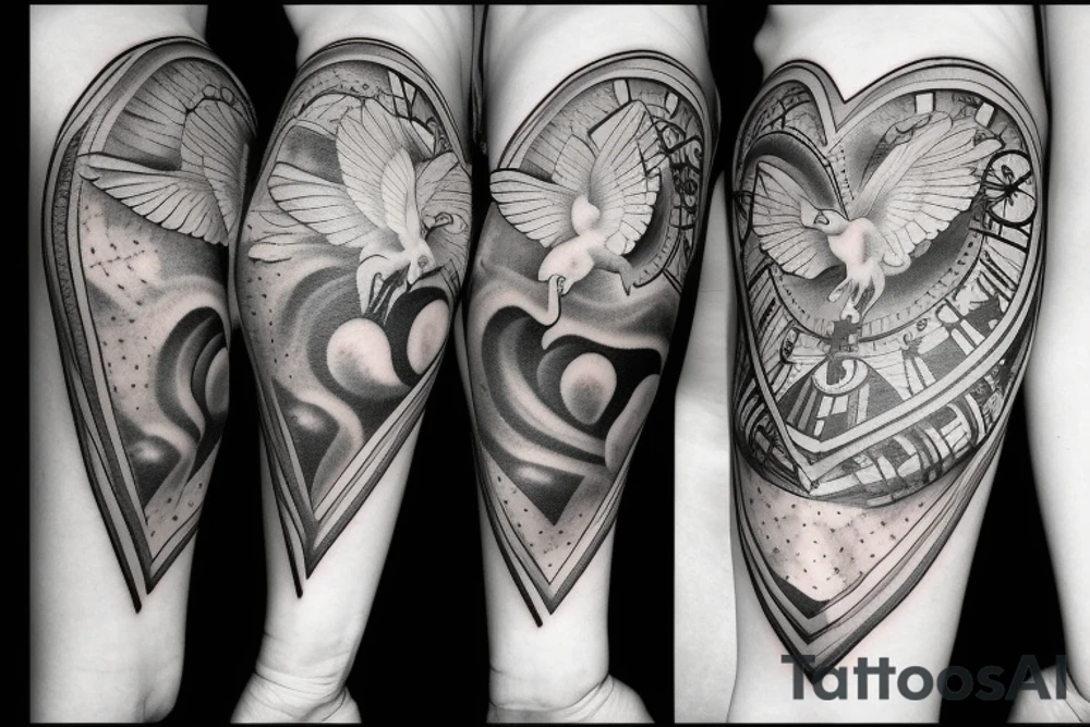 religious, tattoo with clouds, heart, doves, clock, a crown tattoo idea