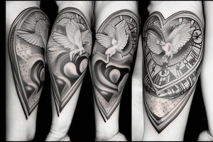 religious, tattoo with clouds, heart, doves, clock, a crown tattoo idea