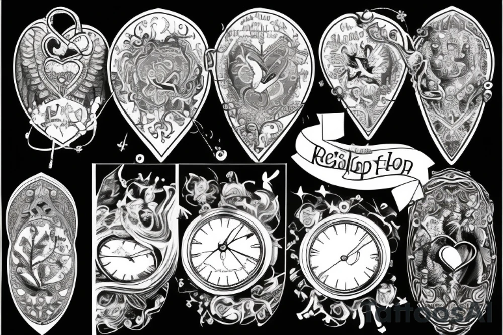 religious, tattoo with clouds, heart, doves, clock, a crown tattoo idea