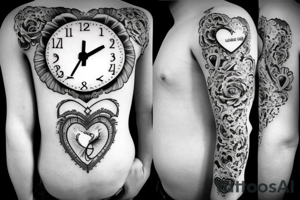 religious, tattoo with clouds, heart, doves, clock, a crown tattoo idea