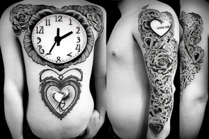 religious, tattoo with clouds, heart, doves, clock, a crown tattoo idea