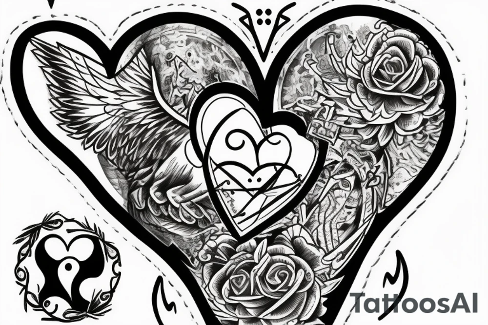 religious, tattoo with clouds, heart, doves, clock, a crown tattoo idea