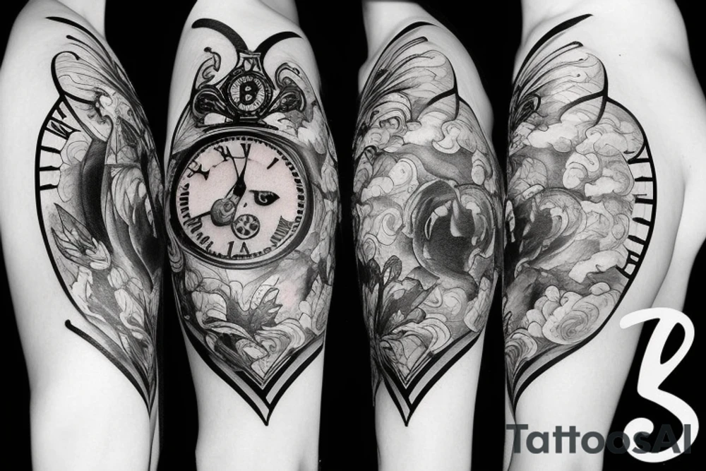 tattoo with clouds, heart, doves, clock, a crown tattoo idea