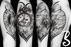 tattoo with clouds, heart, doves, clock, a crown tattoo idea