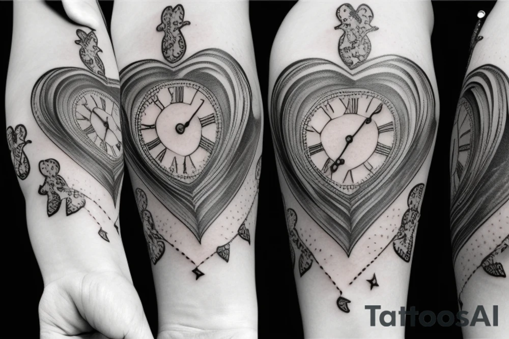 tattoo with clouds, heart, doves, clock, a crown tattoo idea