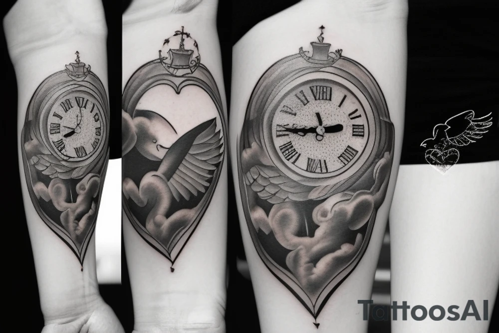 tattoo with clouds, heart, doves, angels, clock, a crown tattoo idea