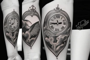 tattoo with clouds, heart, doves, angels, clock, a crown tattoo idea