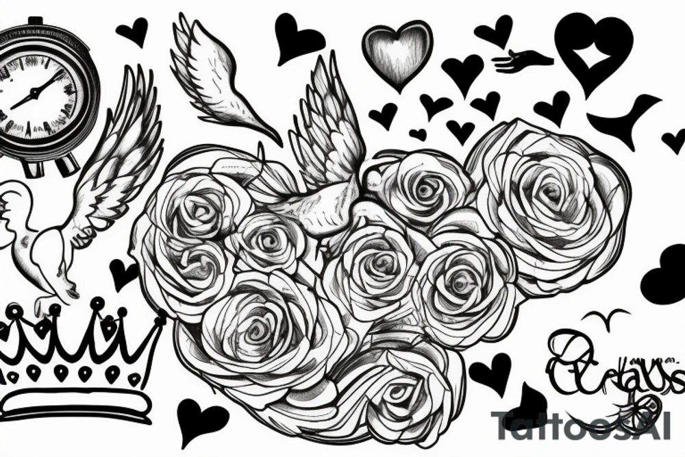 tattoo with clouds, heart, doves, angels, clock, a crown tattoo idea