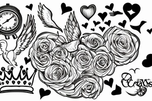 tattoo with clouds, heart, doves, angels, clock, a crown tattoo idea