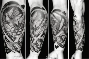 tattoo with clouds, heart, doves, angels, clock, a crown tattoo idea