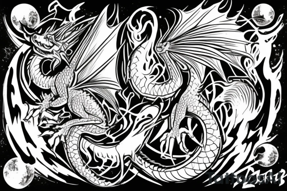 Dragon between planets in graffiti style, black and white, head on left chest, body follows hand, tail ends on bone tattoo idea