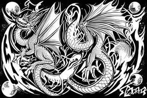 Dragon between planets in graffiti style, black and white, head on left chest, body follows hand, tail ends on bone tattoo idea