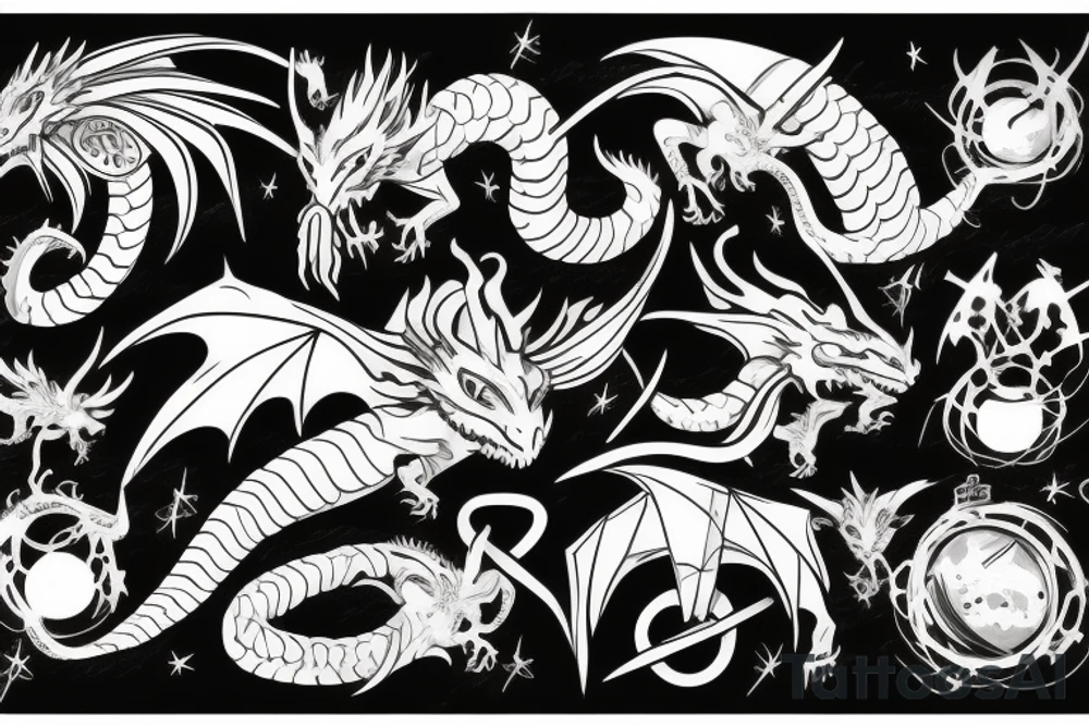 Dragon between planets in graffiti style, black and white, head on left chest, body follows hand, tail ends on bone tattoo idea