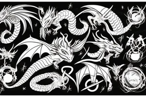 Dragon between planets in graffiti style, black and white, head on left chest, body follows hand, tail ends on bone tattoo idea