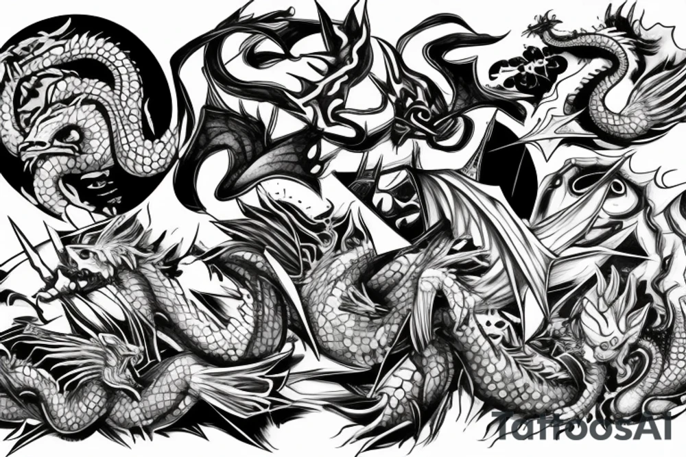 Dragon between planets in graffiti style, black and white, head on left chest, body follows hand, tail ends on bone tattoo idea