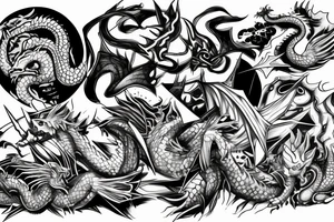 Dragon between planets in graffiti style, black and white, head on left chest, body follows hand, tail ends on bone tattoo idea