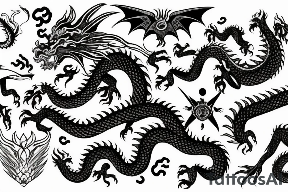 The head of the dragon is on the chest, the body of the dragon goes along the hand and ends in the palm tattoo idea