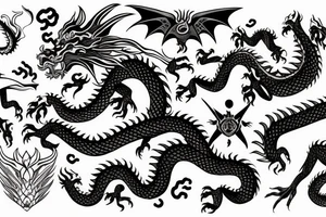 The head of the dragon is on the chest, the body of the dragon goes along the hand and ends in the palm tattoo idea