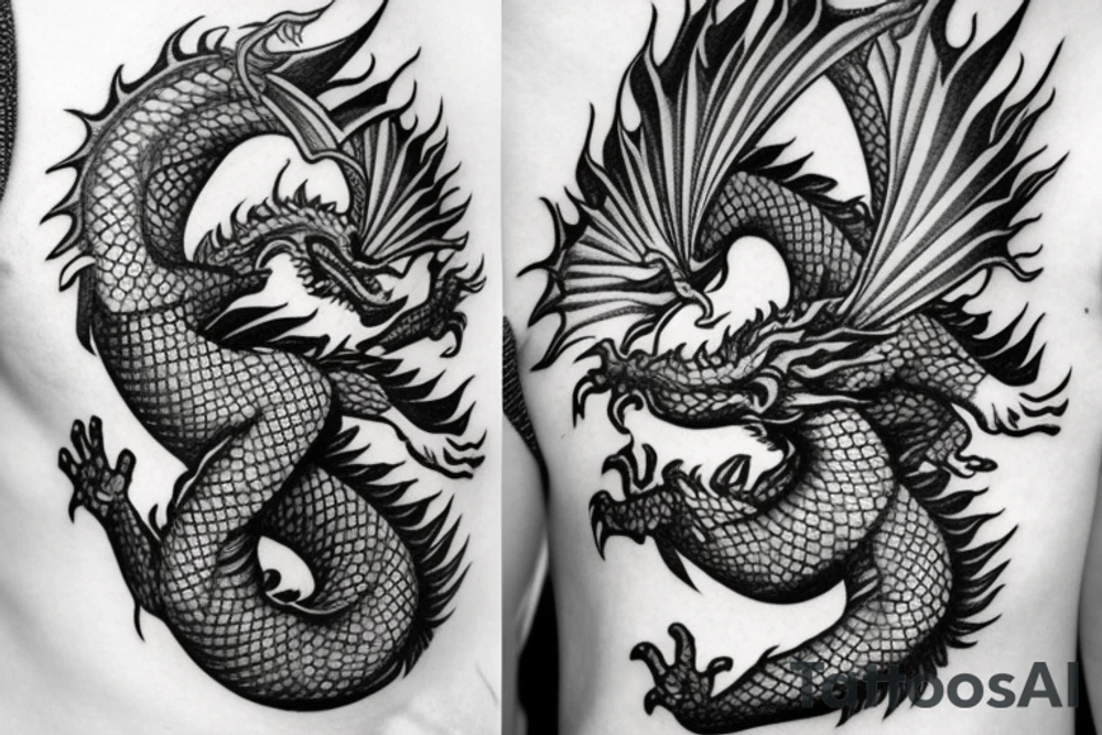 The head of the dragon is on the chest, the body of the dragon goes along the hand and ends in the palm tattoo idea