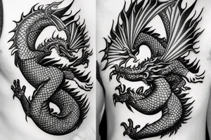 The head of the dragon is on the chest, the body of the dragon goes along the hand and ends in the palm tattoo idea