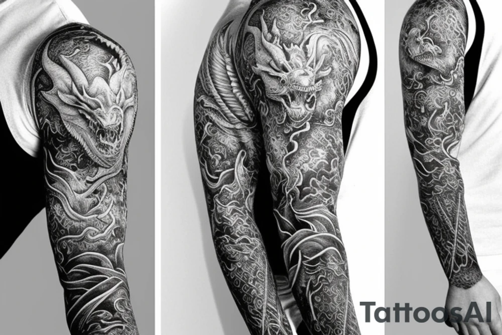 Sleeve dragon head on the chest, the body of the dragon goes along the hand and ends in the palm tattoo idea