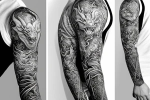 Sleeve dragon head on the chest, the body of the dragon goes along the hand and ends in the palm tattoo idea