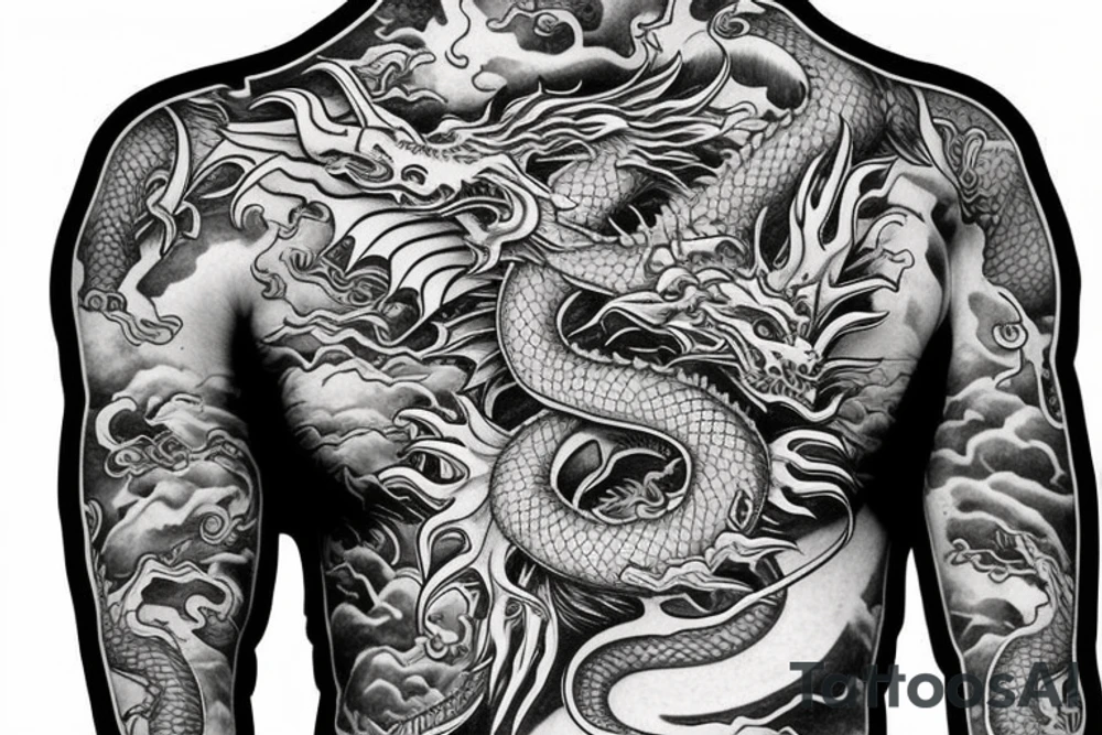 Sketch of the sleeve of the dragon head on the chest, the body of the dragon goes along the hand and ends on the palm tattoo idea