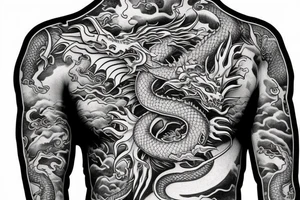 Sketch of the sleeve of the dragon head on the chest, the body of the dragon goes along the hand and ends on the palm tattoo idea
