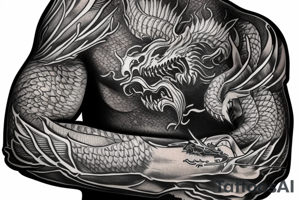 Sketch of the sleeve of the dragon head on the chest, the body of the dragon goes along the hand and ends on the palm tattoo idea