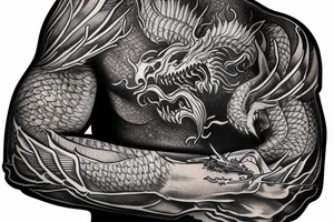 Sketch of the sleeve of the dragon head on the chest, the body of the dragon goes along the hand and ends on the palm tattoo idea