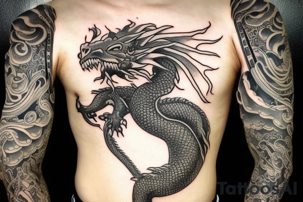 dragon's head on the chest, the dragon's body goes along the hand ending in the palm, Sleeve tattoo idea