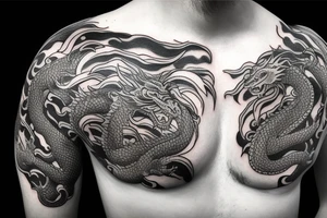 dragon's head on the chest, the dragon's body goes along the hand ending in the palm, Sleeve tattoo idea