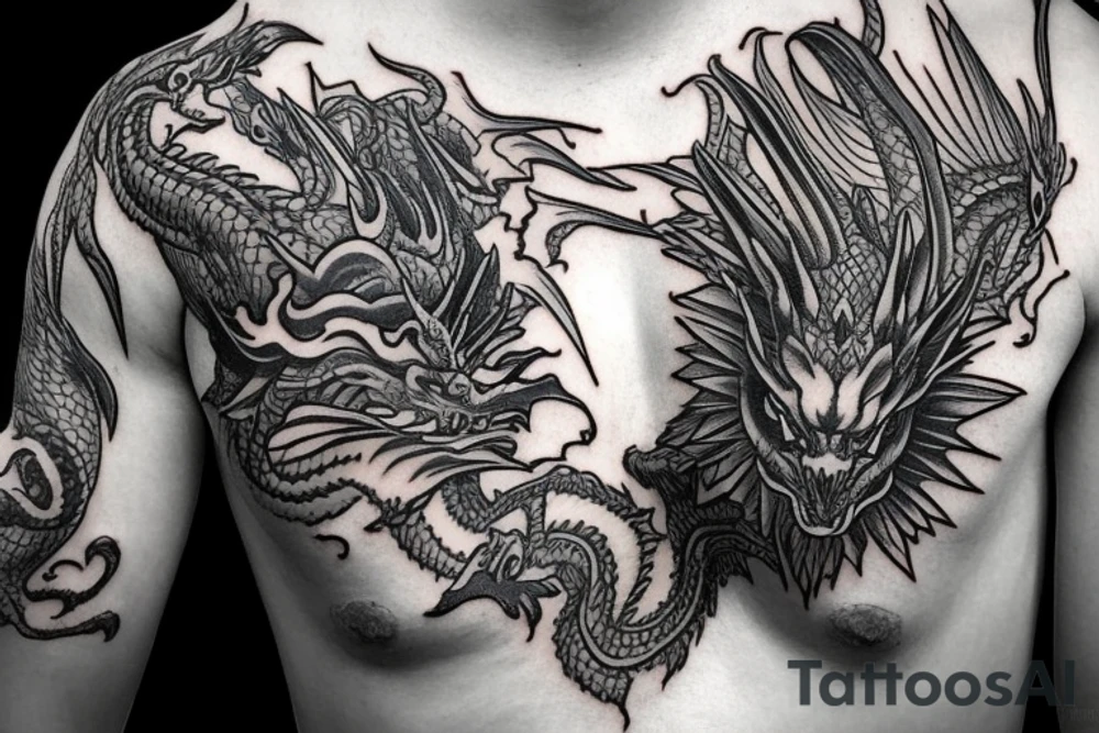 dragon's head on the chest, the dragon's body goes along the hand ending in the palm, Sleeve tattoo idea