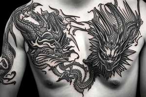 dragon's head on the chest, the dragon's body goes along the hand ending in the palm, Sleeve tattoo idea