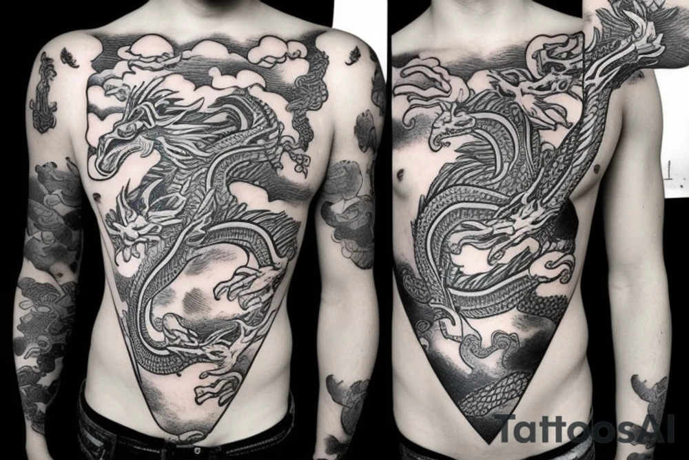 dragon's head on the chest, the dragon's body goes along the hand ending in the palm, Sleeve tattoo idea