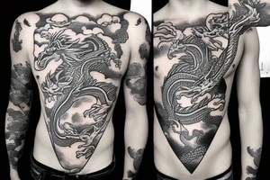 dragon's head on the chest, the dragon's body goes along the hand ending in the palm, Sleeve tattoo idea
