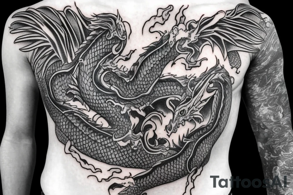 dragon's head on the chest, the dragon's body goes along the hand ending in the palm, Sleeve tattoo idea