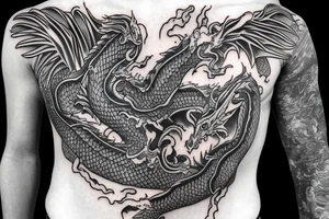 dragon's head on the chest, the dragon's body goes along the hand ending in the palm, Sleeve tattoo idea